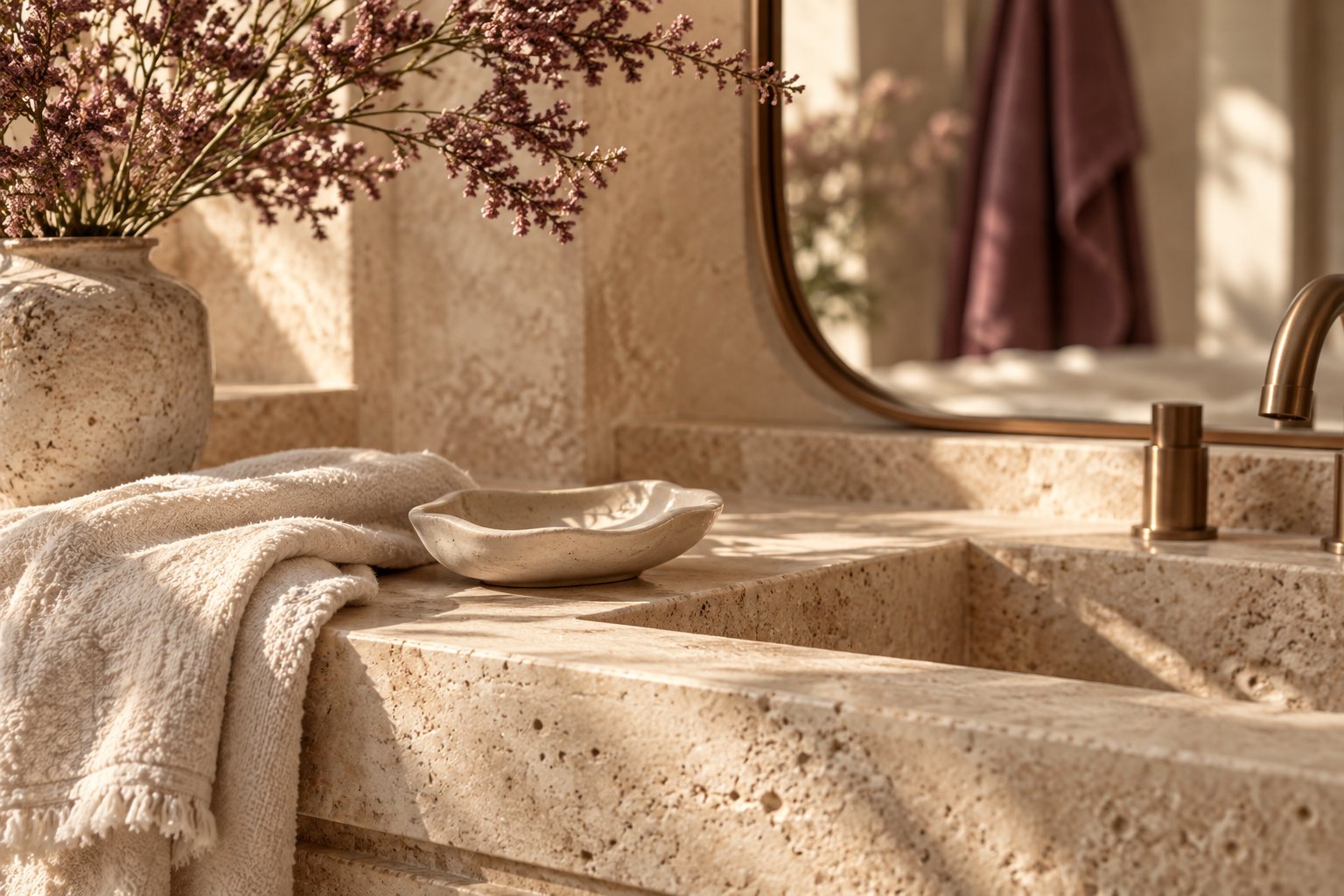 Sunlit stone vanity with a linen towel and ceramic dish